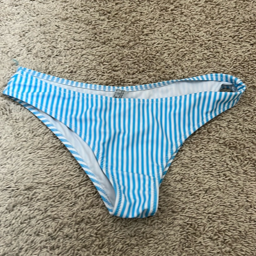Women’s blue and white striped swim bottoms Medium NWOT